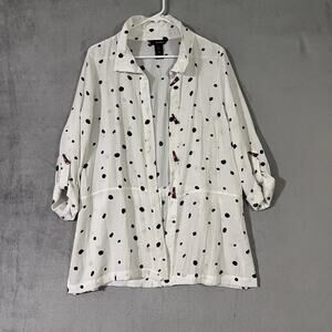 Ali Miles White Black Polka Dot Tunic Blouse Red Buttons Wire Collar Womens M